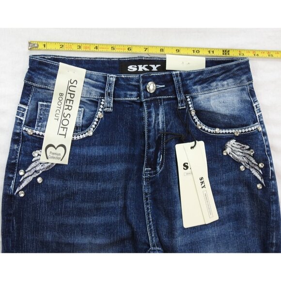 New Sky Premium Women's Western Flared Jeans Sz 7 Angel Wings Skull Y2K - Picture 9 of 12